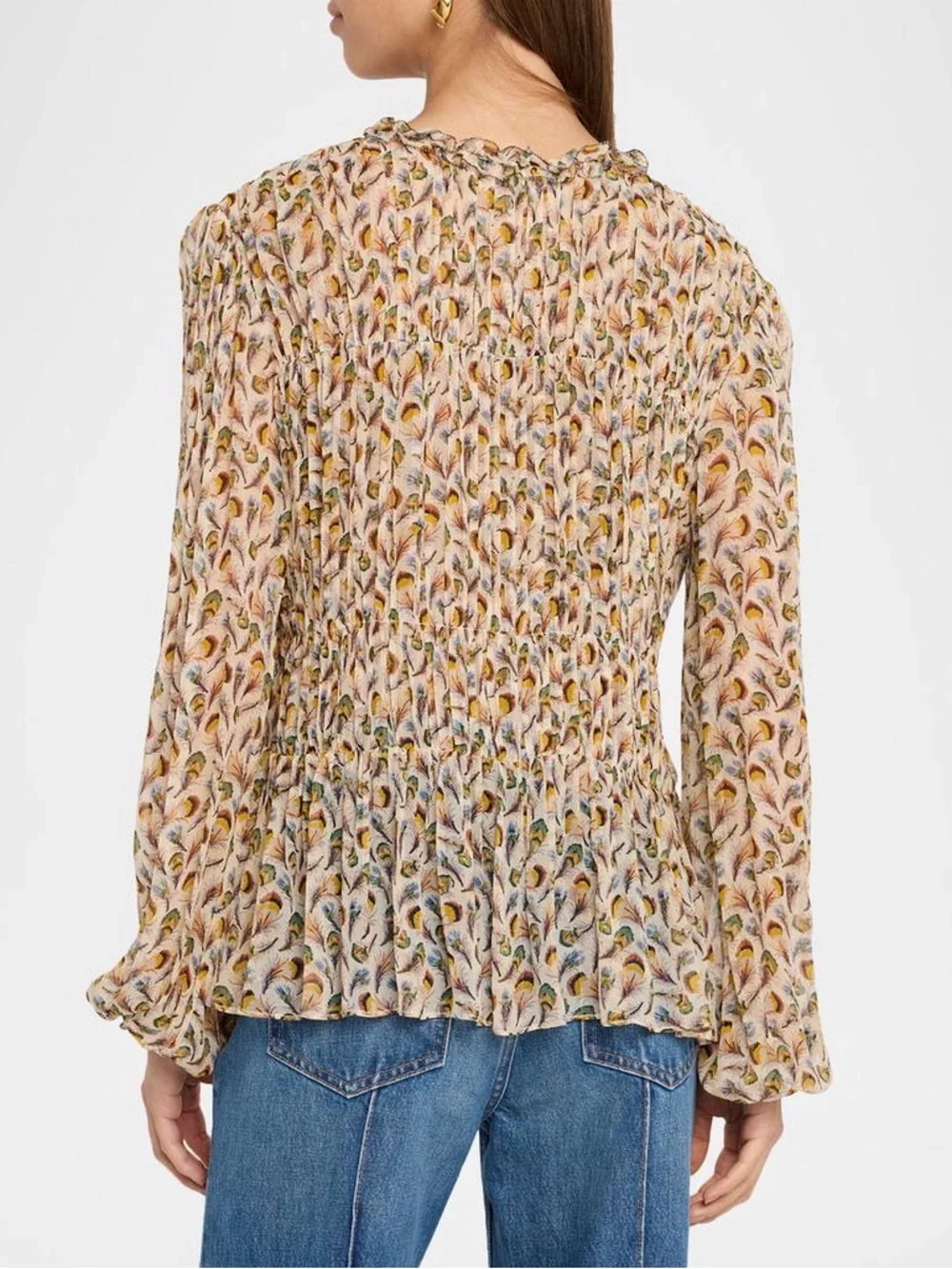 NWT $520 Ulla Johnson Robbie Feather-Print Silk Tie-Front Blouse